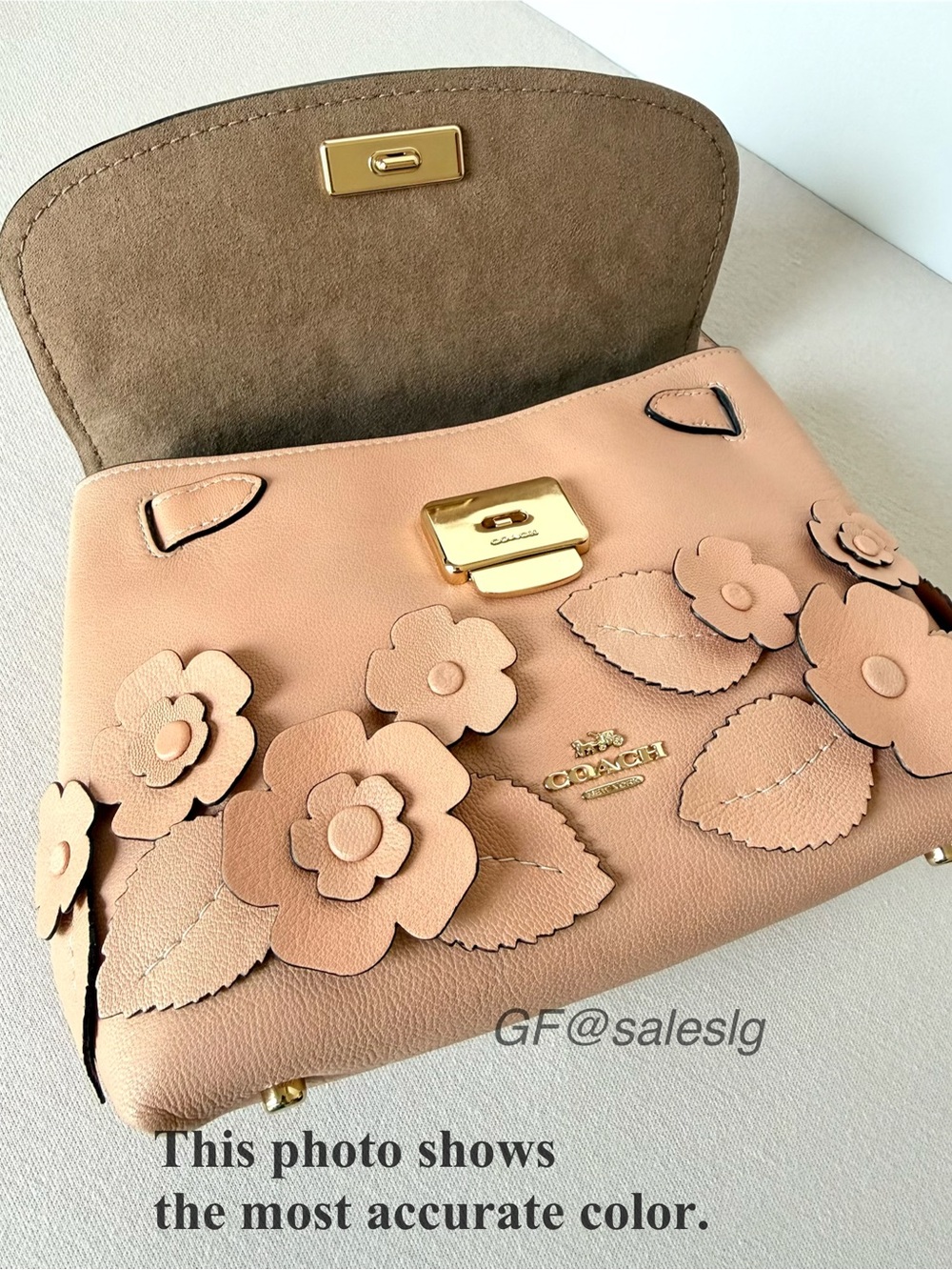 NWT Coach Emory Floral Appliqué Top Handle Bag Leather Crossbody Gold/Light Pink - Picture 11 of 12